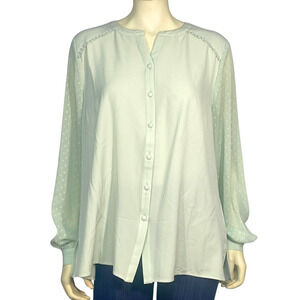 Isaac Mizrahi Live QVC Sz 16 Split V-Neck Blouse Sheer Puff Sleeves Mint Green